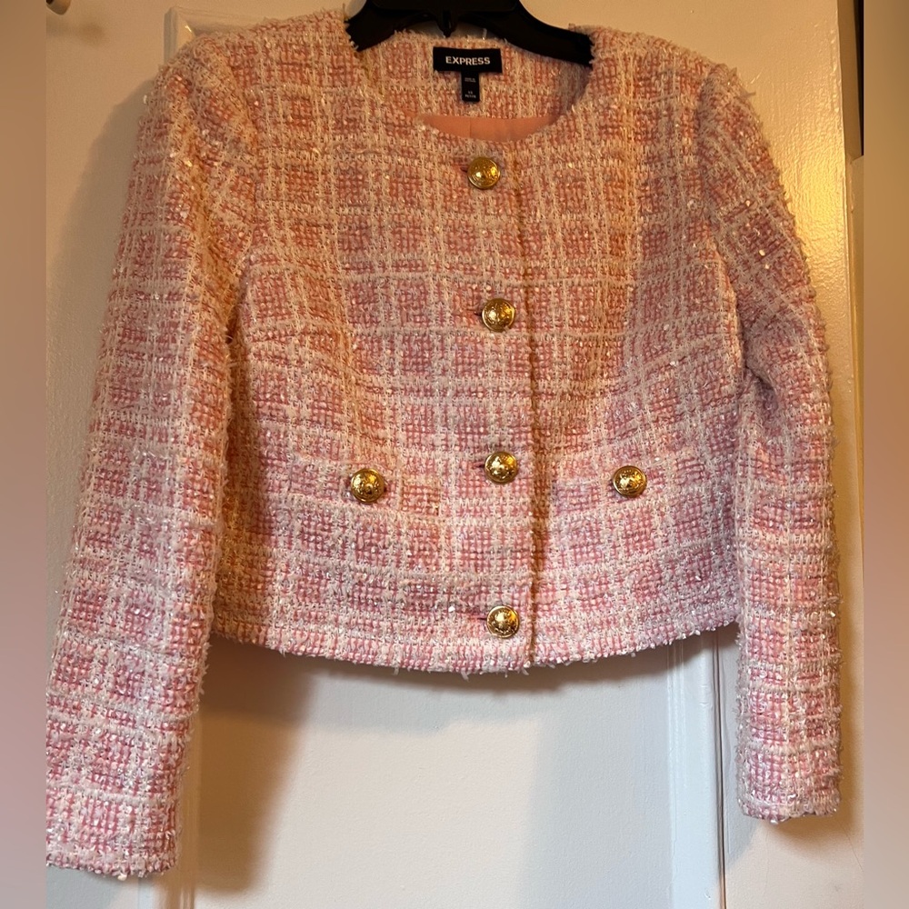 Express Pink and White Plaid Boucle Blazer Size XS Petite
